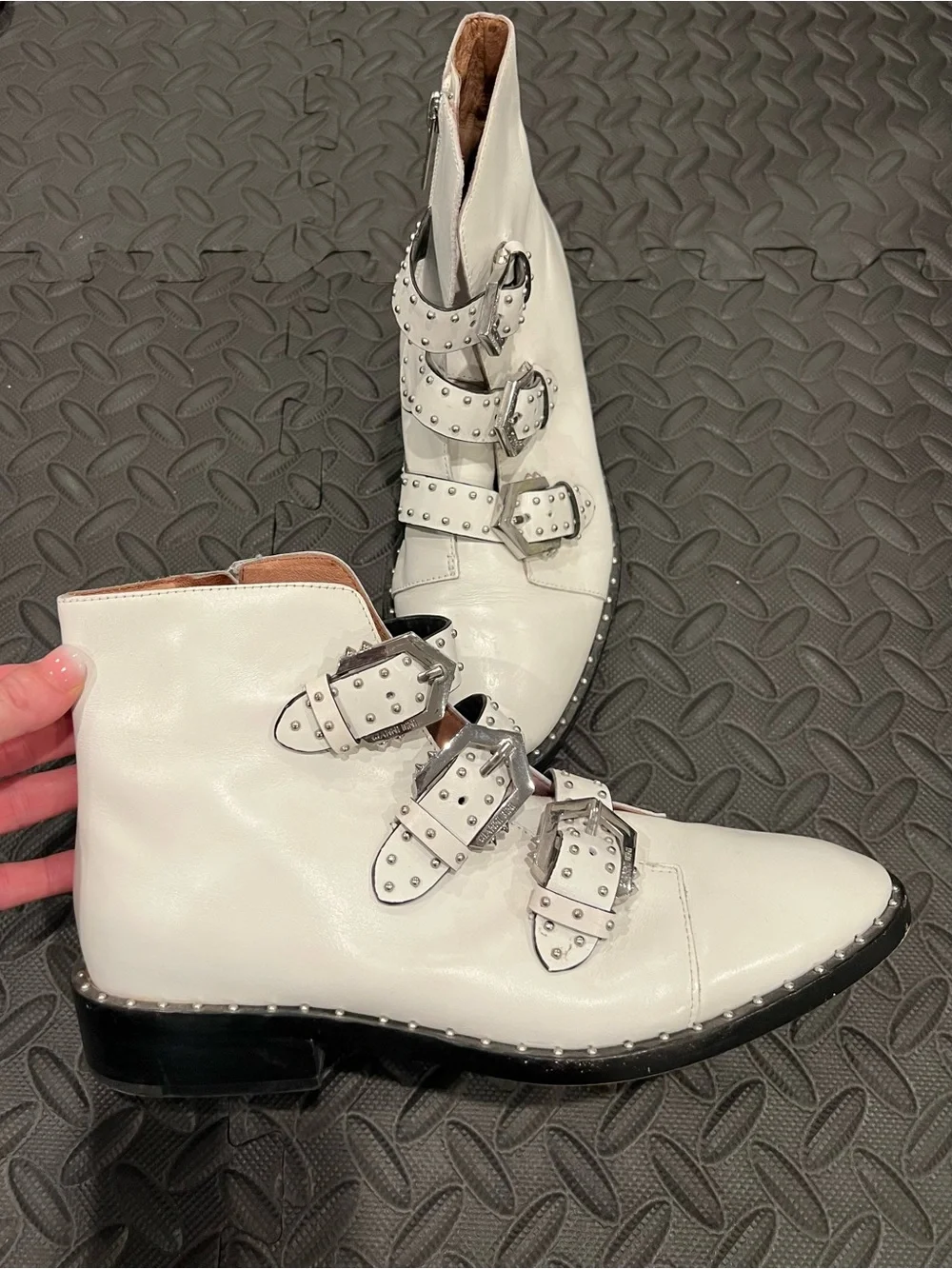 Gianni Bini White Studded Triple-Buckle Ankle Boots